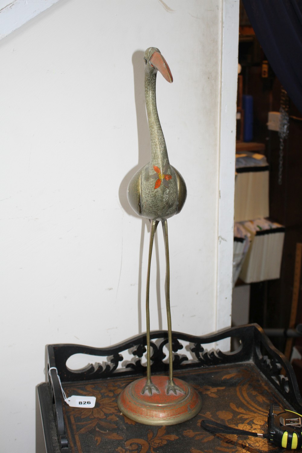 A Benares enamelled brass model of a wading bird, height 62cm